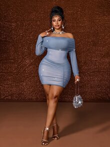 Maweii European Women's Plus Size French Style Tube Bandeau Design Mesh Fitted Sexy A-Line Bodycon Slimming Ruched Dress Fall - Grey - View 7