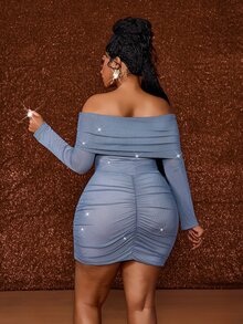 Maweii European Women's Plus Size French Style Tube Bandeau Design Mesh Fitted Sexy A-Line Bodycon Slimming Ruched Dress Fall - Grey - View 3