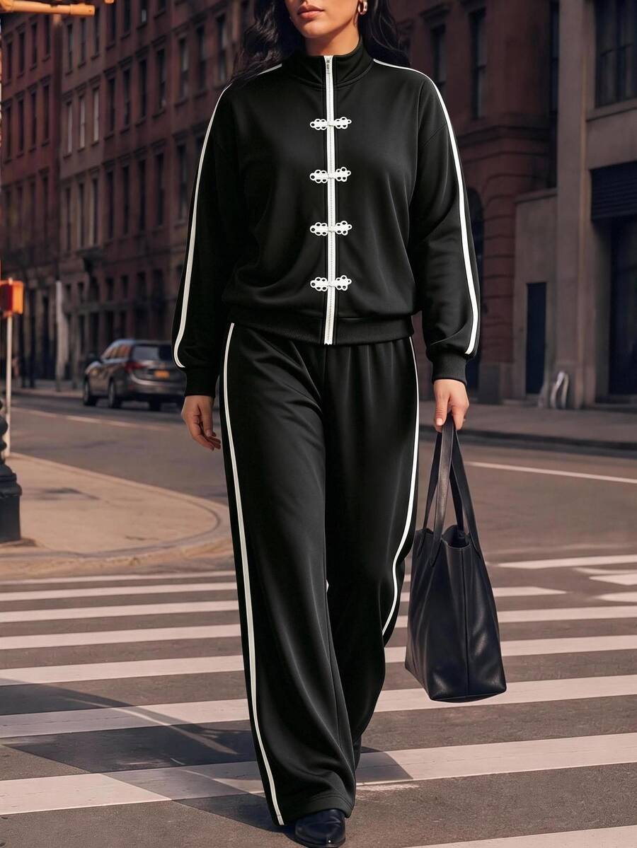 Juhart Plus Size Women's Elegant Frog Button Long Sleeve Top And Striped Colorblock Pants 2 Pieces Set - Black - View 1