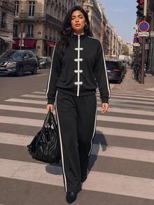 Juhart Plus Size Women's Elegant Frog Button Long Sleeve Top And Striped Colorblock Pants 2 Pieces Set - Black - View 3