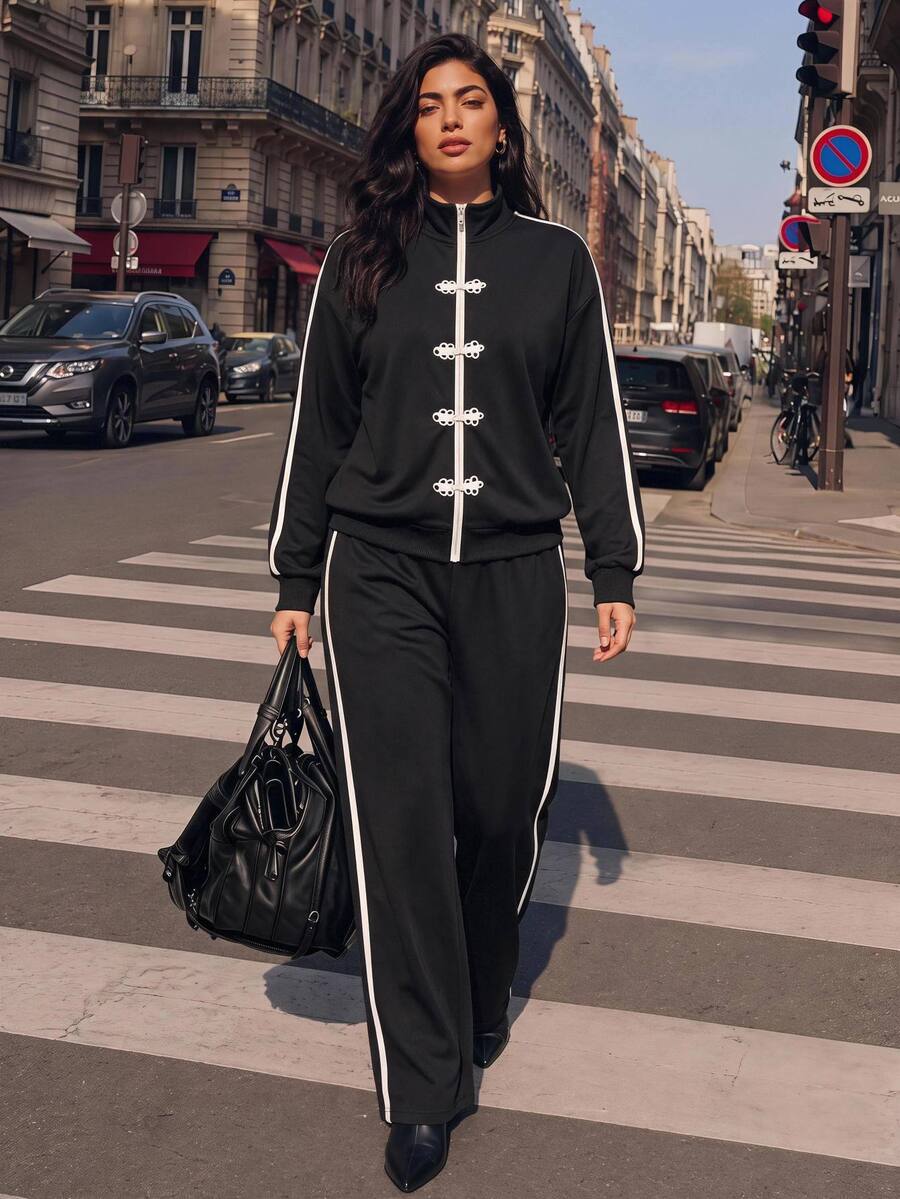 Juhart Plus Size Women's Elegant Frog Button Long Sleeve Top And Striped Colorblock Pants 2 Pieces Set - Black - View 1