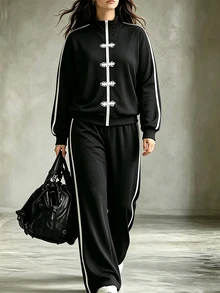 Juhart Plus Size Women's Elegant Frog Button Long Sleeve Top And Striped Colorblock Pants 2 Pieces Set - Black - View 9