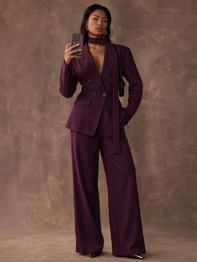SHEIN BAE Completo da donna autunnale color albicocca tinta unita con blazer a revers, vita stretta, giacca sexy a maniche lunghe e pantaloni abbinati, completo casual da pendolarismo, adatto per uso quotidiano, abbigliamento da pendolarismo, completo marrone da pendolarismo, completo albicocca da pendolarismo, uscite casual, abbigliamento da lavoro pratico, completo, abito da lavoro, appuntamento romantico