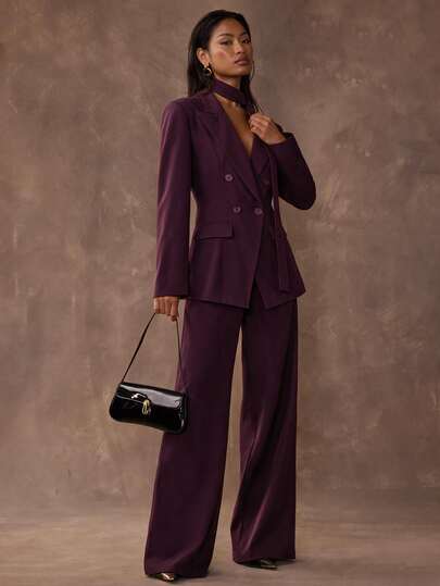SHEIN BAE Women's Autumn Apricot Solid Color Blazer With Lapel, Cinched Waist, Sexy Long Sleeve Jacket And Matching Suit Pants, Casual Commute Suit Set, Suitable For Daily Wear, Commute Wear, Commute Brown Suit Set, Commute Apricot Suit Set, Casual Outing, Practical Work Wear, Suit Set, Work Suit, Romantic Date