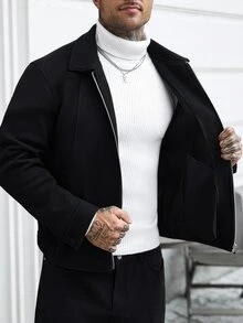 Manfinity CasualCool 男士純色休閒商務長袖大衣，適合秋冬，黑色鈕扣開襟，度假與工作穿搭皆宜 - 黑色 - 查看 5