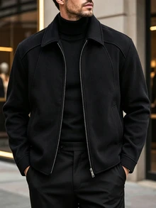 Manfinity CasualCool 男士純色休閒商務長袖大衣，適合秋冬，黑色鈕扣開襟，度假與工作穿搭皆宜 - 黑色 - 查看 3