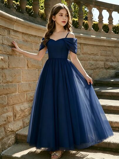 Tween Girls Blue Back To School Off-Shoulder Tulle Ball Gown Maxi Dress, Elegant Formal Wedding Autumn Fall