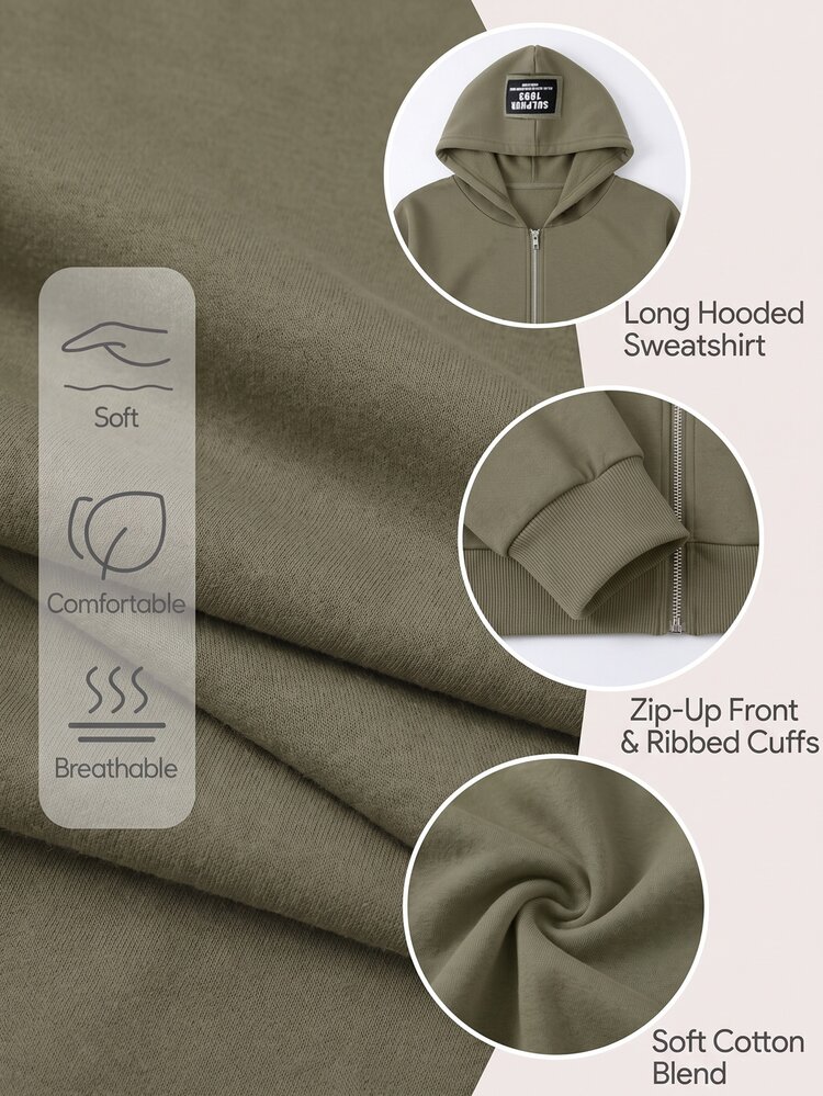 EMERY ROSE Plus Size Women's Letter PrintLong Sleeve Zip-Up Hooded Jacket Family Vacation Office Winter Fall - Khaki - View 8