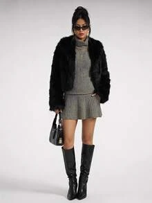 SHEIN PETITE Women's Solid Color Fashion Versatile Winter Faux Fur Jacket - Black - View 3