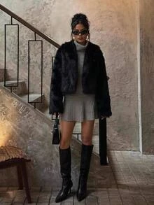 SHEIN PETITE Women's Solid Color Fashion Versatile Winter Faux Fur Jacket - Black - View 1