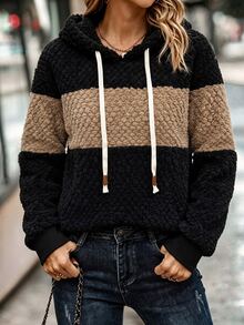 Balvessa Women's Autumn/Winter Casual Colorblock Patchwork Plush Jacquard Hooded Sweatshirt - Black - View 3