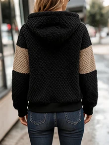 Balvessa Women's Autumn/Winter Casual Colorblock Patchwork Plush Jacquard Hooded Sweatshirt - Black - View 2