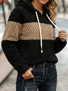 Balvessa Women's Autumn/Winter Casual Colorblock Patchwork Plush Jacquard Hooded Sweatshirt - Black - View 7