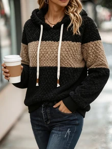 Balvessa Women's Autumn/Winter Casual Colorblock Patchwork Plush Jacquard Hooded Sweatshirt - Black - View 4