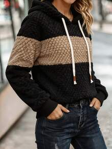 Balvessa Women's Autumn/Winter Casual Colorblock Patchwork Plush Jacquard Hooded Sweatshirt - Black - View 5