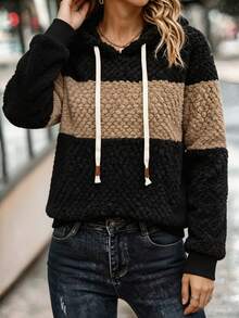 Balvessa Women's Autumn/Winter Casual Colorblock Patchwork Plush Jacquard Hooded Sweatshirt - Black - View 6