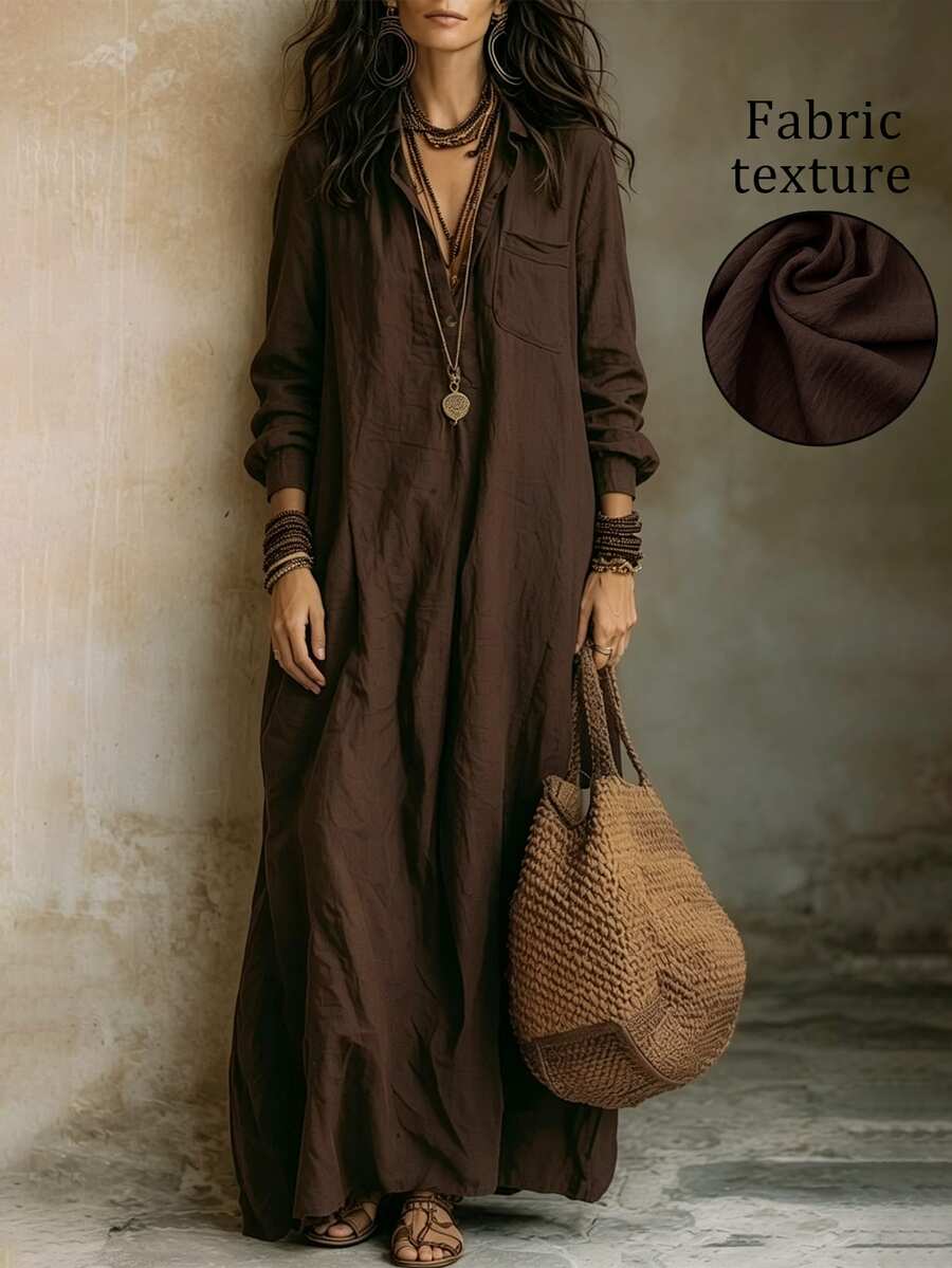 SHEIN PETITE Women's Casual Long Sleeve Shirt Collar Solid Color Long Dress With Pockets And Button Design For Daily Wear And Vacation - Brown - View 1