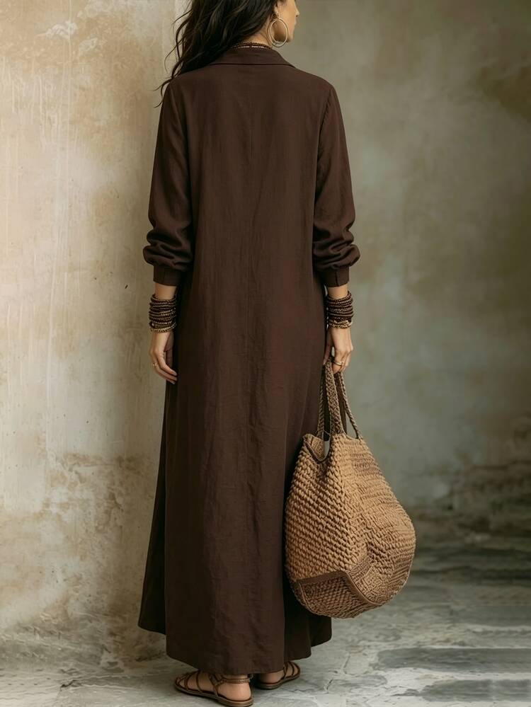 SHEIN PETITE Women's Casual Long Sleeve Shirt Collar Solid Color Long Dress With Pockets And Button Design For Daily Wear And Vacation - Brown - View 2