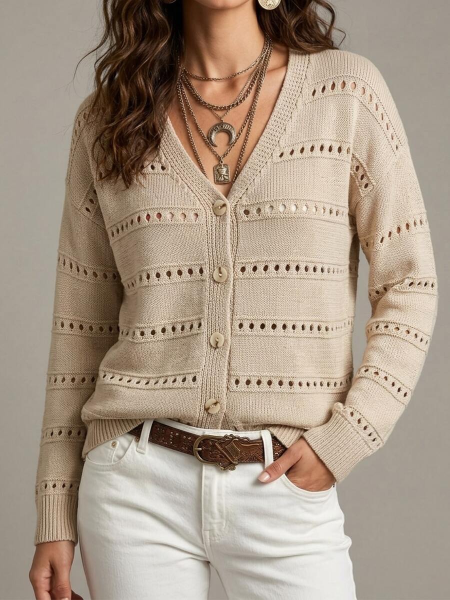 SHEIN Holidaya Beige Perforated Loose Casual Boho French Autumn/Winter Knit Cardigan Brunch Office - Khaki - View 1