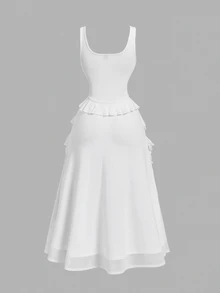 SHEIN MOD White Elegant Romantic Summer Party Garden Party Vacation Date Midi Dress Solid Ruched Flounce Hem Chiffon Cami Asymmetrical Multi-Laye Ruffle Wedding - White - View 2
