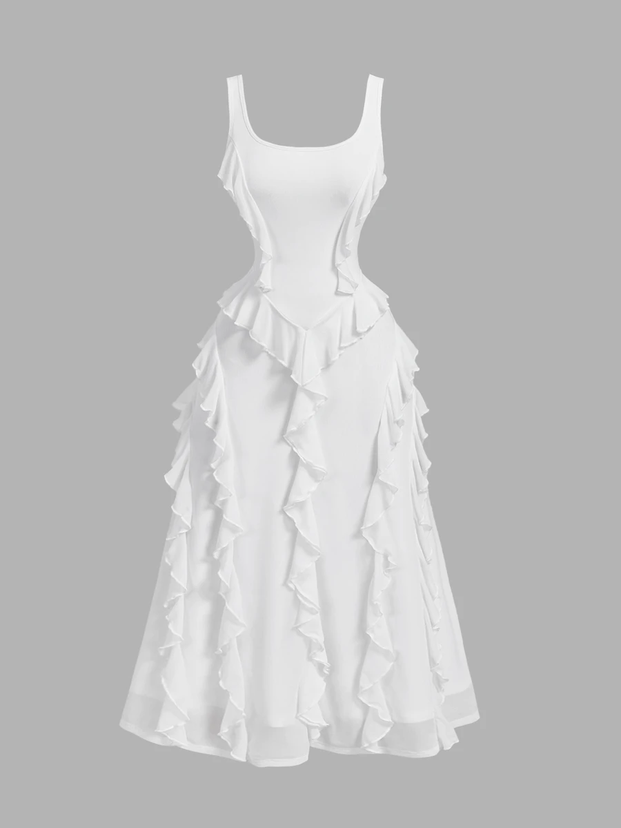 SHEIN MOD White Elegant Romantic Summer Party Garden Party Vacation Date Midi Dress Solid Ruched Flounce Hem Chiffon Cami Asymmetrical Multi-Laye Ruffle Wedding - White - View 1