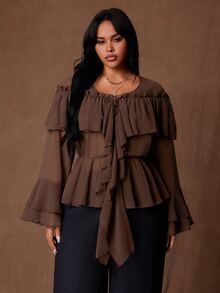 Rustia Plus Size Women's Brown French V-Neck Ruffle Chiffon Off-Shoulder Blouse, Ethereal Sheer Chiffon Top With Asymmetrical Ruffles, Gentle Atmosphere Lightweight Chiffon Blouse, Elegant Slimming Ruched Short Sleeve Top, French V-Neck Ruffle Chiffon Blouse - Brown - View 4