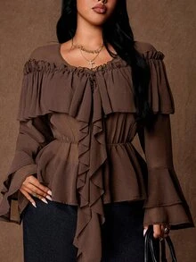 Rustia Plus Size Women's Brown French V-Neck Ruffle Chiffon Off-Shoulder Blouse, Ethereal Sheer Chiffon Top With Asymmetrical Ruffles, Gentle Atmosphere Lightweight Chiffon Blouse, Elegant Slimming Ruched Short Sleeve Top, French V-Neck Ruffle Chiffon Blouse - Brown - View 1
