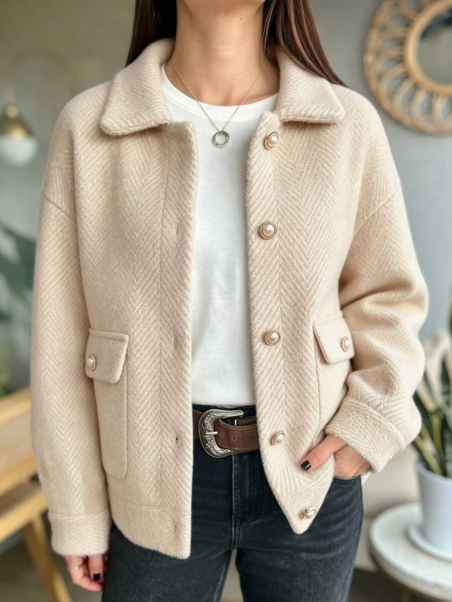 Holdful Holdful 26 Autumn/Winter New Herringbone Jacquard Fashion Versatile Women's Jacket - Apricot - View 1