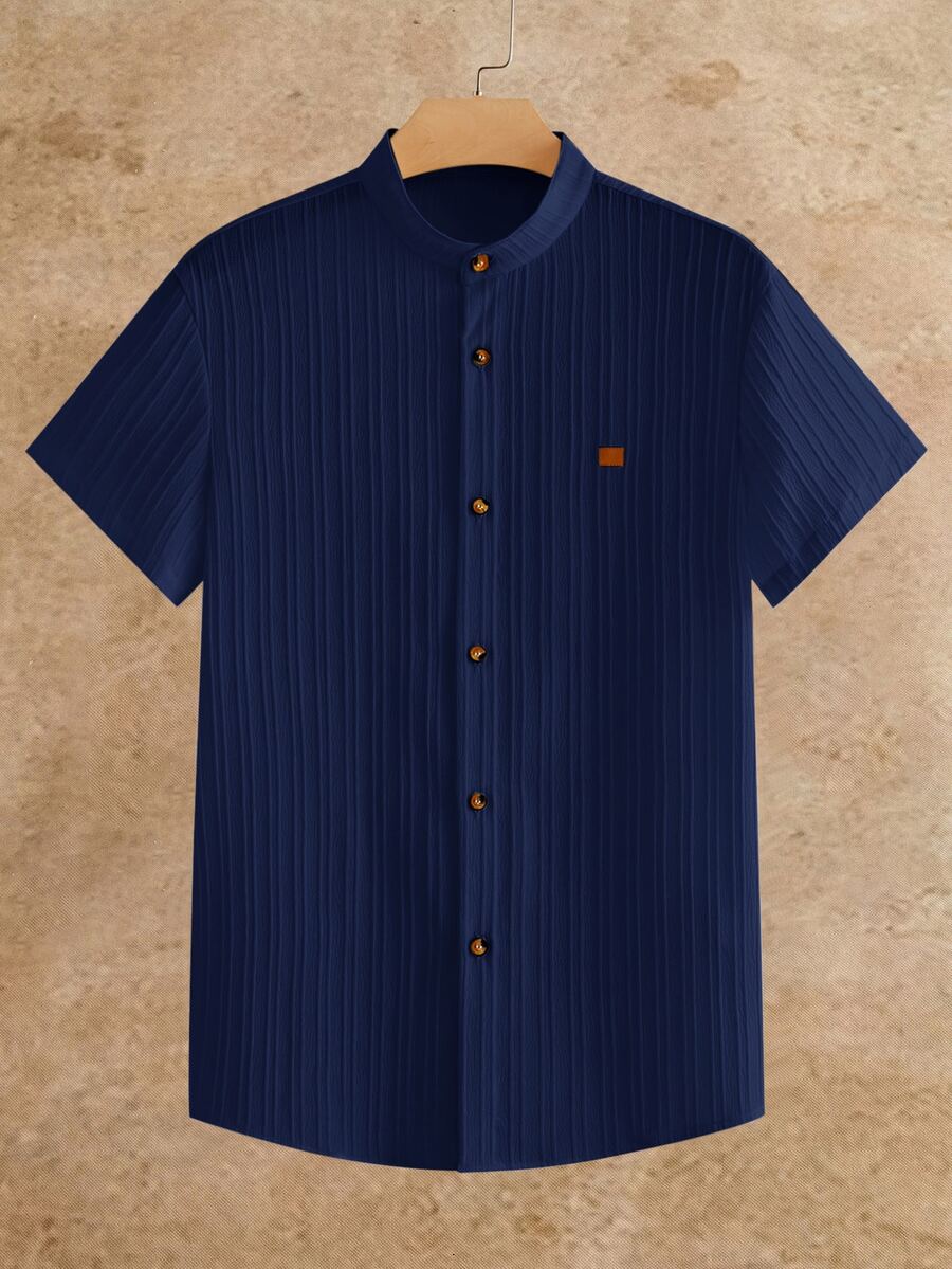 HIMLAND Men's Denim Design Short Sleeve Single-Breasted Casual Shirt - Navy Blue - View 1