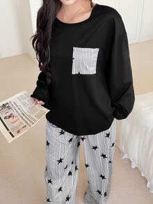 Feyla Women's Casual Loose Round Neck Striped & Star Print Pajama Set - Black and White - View 3