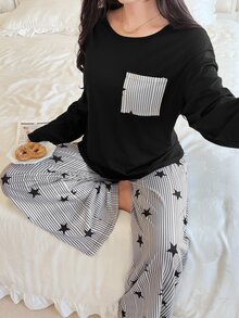 Feyla Women's Casual Loose Round Neck Striped & Star Print Pajama Set - Black and White - View 1