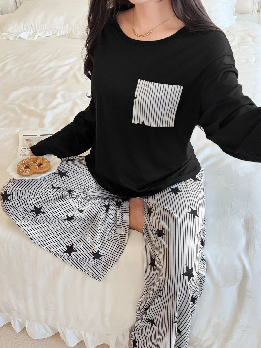 Feyla Women's Casual Loose Round Neck Striped & Star Print Pajama Set - Black and White - View 1