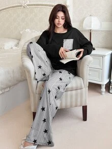 Feyla Women's Casual Loose Round Neck Striped & Star Print Pajama Set - Black and White - View 6