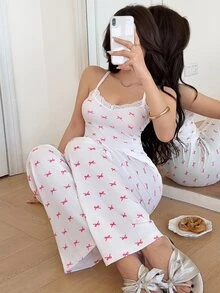 Feyla 女士睡衣套装，粉色蝴蝶结印花，蕾丝边V领吊带背心和长裤 - 白色 - 查看 7