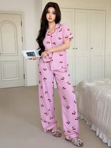 Feyla Cherry Striped Printed Lapel Short Sleeve Pajama Set For Women Pink Pajamas  Cozy And Elegant Details - Pink - View 3