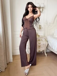 Feyla Solid Color Mature Sexy Lace Patchwork Semi-Sheer Rose Lace Fitted Camisole & Long Pants Women's Sleepwear Set - Brown - View 6