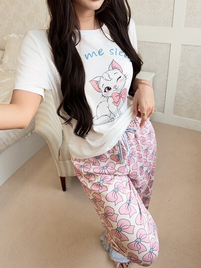 Feyla Cute Cat Print Short Sleeve Top And Bow Print Long Pants Pajama Set Bowknot Bow Tie  Cozy And Elegant Details