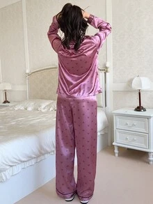 Feyla Pink Satin-Like Heart Print Long Sleeve & Pants Pajama Set - Pink - View 2