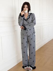 Feyla Blue Striped Bow Print Patchwork Contrast Color Lapel Long Sleeve Pajama Set For Women - Black - View 1