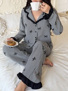 Feyla Blue Striped Bow Print Patchwork Contrast Color Lapel Long Sleeve Pajama Set For Women - Black - View 3
