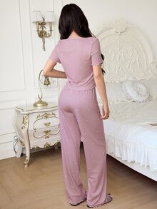 Feyla Women's V-Neck Button Decor Heart Print Knit PJS Pink Pajamas Back To School Heart PJS Two Pieces PJS Women Soft PJS Women Sleepwear Set Button Up PJS - Pink - View 2