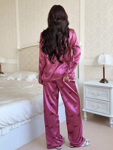 Feyla Faux Silk Bow Striped Women Pajama Set - Purple - View 2