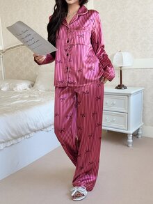 Feyla Faux Silk Bow Striped Women Pajama Set - Purple - View 4