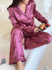 Feyla Faux Silk Bow Striped Women Pajama Set - Purple - View 5