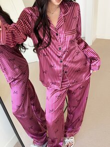 Feyla Faux Silk Bow Striped Women Pajama Set - Purple - View 6