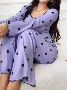 Feyla 波点印花长袖长裤女士休闲睡衣套装 - 紫色 - 查看 4