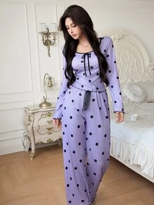 Feyla 波点印花长袖长裤女士休闲睡衣套装 - 紫色 - 查看 1