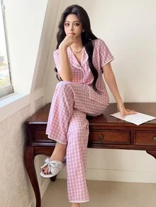 Feyla 2pcs Pink Plaid Print Shirt & Pants Women Pajama Set - Pink - View 4