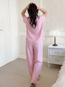 Feyla 2pcs Pink Plaid Print Shirt & Pants Women Pajama Set - Pink - View 3