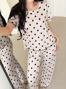 Feyla Women's Polka Dot Print Casual Round Neck Short Sleeve Pajama Set - Pink - View 3